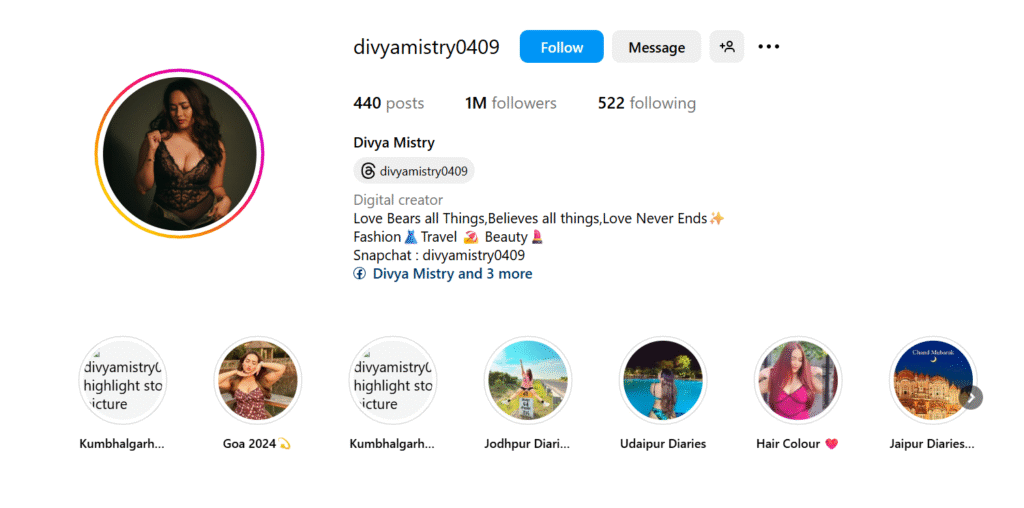 Instagram Bio of Divya Mistry Instagram Bio of Divya Mistry